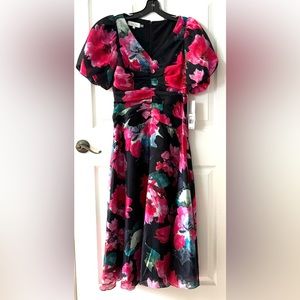 TERI JON BY RICKIE FREEMAN Floral-Print Organza Puff-Sleeve Dress sz 4 p…